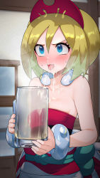 Rule 34 | 1girl, bare shoulders, blonde hair, blue eyes, blush, breasts, breath, collarbone, creatures (company), cum, cum in container, cum on body, cum string, cup, drooling, game freak, gokkun, hair ornament, heavy breathing, highres, holding, holding cup, irida (pokemon), kashu (hizake), looking ahead, mug, nintendo, open mouth, pokemon, pokemon legends: arceus, red shirt, saliva, shirt, short hair, small breasts, solo, steam, strapless, sweat, sweatdrop, tube top, upper body, wrist cuffs