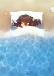 Rule 34 | 1girl, abstract, beach, brown hair, closed mouth, day, closed eyes, foam, from above, idk-kun, long hair, lying, on back, original, outdoors, pillow, profile, sand, seashell, shell, sleeping, solo, starfish, under covers, water, waves