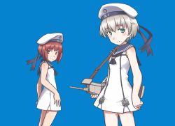 Rule 34 | 2girls, absurdres, adapted turret, anchor, blue background, blue eyes, blue sailor collar, brown eyes, cannon, clothes writing, commentary request, cowboy shot, dress, hat, highres, kantai collection, looking at viewer, multiple girls, porusasu, red hair, sailor collar, sailor dress, sailor hat, short dress, short hair, silver hair, simple background, sleeveless, sleeveless dress, turret, white dress, z1 leberecht maass (kancolle), z3 max schultz (kancolle)