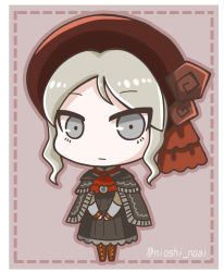 Rule 34 | 1girl, ascot, bad id, bad pixiv id, beret, black capelet, black dress, bloodborne, boots, brown footwear, brown hat, capelet, character request, chibi, closed mouth, commentary request, cross-laced footwear, dotted line, dress, full body, grey eyes, grey hair, hat, knee boots, lace-up boots, long sleeves, looking at viewer, noai nioshi, red ascot, solo, standing, twitter username