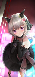 Rule 34 | 1girl, :t, absurdres, angry, animal ears, bare shoulders, black dress, black gloves, blush, bow, cleavage, commentary request, curren chan (sakutsuki ma cherie) (umamusume), curren chan (umamusume), dress, ear covers, elbow gloves, gloves, grey hair, highres, horse ears, horse girl, horse tail, looking at viewer, official alternate costume, pout, purple eyes, see-through, see-through cleavage, short dress, short hair, solo, tail, the promised time: silks &amp; three riddles (umamusume), umamusume, v-shaped eyebrows, veil, w arms, waist bow, wnaph
