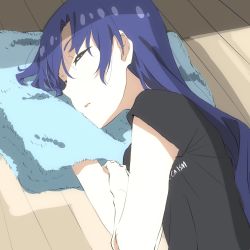 Rule 34 | 1girl, blue hair, closed eyes, highres, idolmaster, idolmaster (classic), kisaragi chihaya, long hair, lying, on floor, on side, parted lips, saitou kengo, shirt, sketch, sleeping, solo, t-shirt, wooden floor