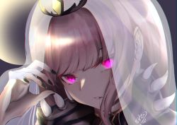 Rule 34 | 1girl, black nails, close-up, eye focus, glowing, glowing eyes, highres, hololive, hololive english, holomyth, looking at viewer, mori calliope, mori calliope (1st costume), nail polish, parted lips, pink eyes, pink hair, solo, urotare, veil, virtual youtuber