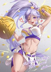Rule 34 | 1girl, absurdres, alternate costume, armpits, artist name, belly, breasts, cheerleader, commission, commissioner upload, electricity, fire emblem, fire emblem: genealogy of the holy war, fire emblem heroes, hair ornament, heart, highres, holding, iria (yumeirokingyo), ishtar (fire emblem), jewelry, long hair, looking at viewer, midriff, nintendo, shoes, signature, sneakers, thank you, very long hair, watermark