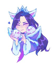 Rule 34 | 1girl, ahri (league of legends), animal, animal ears, blush, blush stickers, closed eyes, closed mouth, cropped torso, facial mark, fox ears, heart, holding, knol (flowrmosh), league of legends, long hair, long sleeves, midnight ahri, poro (league of legends), simple background, smile, solo, tongue, tongue out, upper body, whisker markings, white background