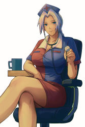 Rule 34 | 1girl, absurdres, blue dress, blue eyes, chair, closed mouth, collarbone, cross, crossed legs, cup, dress, grey hair, hat, highres, holding, holding stethoscope, looking at viewer, mug, nurse cap, red cross, red dress, royl, short sleeves, simple background, sitting, smile, solo, stethoscope, touhou, trigram, two-tone dress, white background, yagokoro eirin