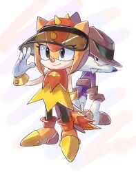 Rule 34 | 1boy, 1girl, boots, brown footwear, brown gloves, brown headwear, dress, fang the sniper, full body, furry, furry female, furry male, gloves, hat, highres, orange dress, plus2sf, salute, sonic (series), sonic superstars, trip the sungazer, two-tone dress, visor cap, white gloves, yellow dress, yellow footwear
