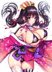 Rule 34 | 1girl, bikini, bikini under clothes, blue eyes, blush, breasts, detached collar, earrings, floral print, front-tie bikini top, front-tie top, hair ornament, huge breasts, japanese clothes, jewelry, kimono, lips, long hair, long sleeves, mataro (matarou), mole, mole under mouth, original, parted lips, petals, purple bikini, purple eyes, shiny clothes, shiny skin, solo, striped, swimsuit, thighhighs, thighs, vertical stripes, white background, white thighhighs, wide sleeves