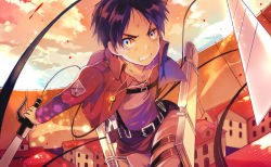 Rule 34 | 1boy, dual wielding, eren yeager, holding, jacket, jewelry, key, male focus, necklace, shingeki no kyojin, short hair, solo, sword, thigh strap, three-dimensional maneuver gear, tonshi, weapon