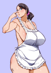 Rule 34 | 1girl, apron, black hair, breasts, cattleya (queen&#039;s blade), ganto, glasses, housewife, huge breasts, lips, looking at viewer, mature female, naked apron, plump, ponytail, queen&#039;s blade, simple background, thighs, wide hips