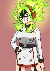 Rule 34 | 1girl, absurdres, arm at side, artist request, belt, belted dress, black mask, black thighhighs, boku no hero academia, burnin (boku no hero academia), buttons, clenched teeth, collared dress, crazy eyes, domino mask, double-breasted, dress, fangs, fiery hair, fingernails, fire, garter straps, gradient hair, green fire, green hair, grin, hair between eyes, hairband, hand on own hip, high collar, highres, kamiji moe, legs, long hair, long sleeves, looking at viewer, mask, multicolored hair, neck, parted lips, raised eyebrow, red background, sharp fingernails, short dress, side slit, sidelocks, simple background, smile, standing, teeth, thighhighs, thighs, two-tone hairband, white dress, yellow eyes