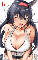 Rule 34 | !, !!, 1other, 2girls, ;d, animal ears, aqua eyes, arknights, bad id, bad pixiv id, bare arms, bare shoulders, black hair, black jacket, black skirt, blaze (arknights), blush, breasts, cat ears, cleavage, collarbone, commentary request, cowboy shot, doctor (arknights), green eyes, greythroat (arknights), hair between eyes, hairband, highres, hood, hooded jacket, jacket, large breasts, long hair, looking at viewer, microskirt, multiple girls, one eye closed, open mouth, red hairband, silver hair, simple background, skirt, smile, standing, tank top, uminekoin kujira, very long hair, white background, white tank top