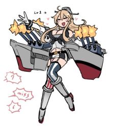 Rule 34 | 1girl, :d, ahoge, american flag, american flag print, blonde hair, blush, breasts, cannon, cleavage, commentary request, elbow gloves, closed eyes, firing, flag print, full body, garter straps, gloves, heart, iowa (kancolle), kantai collection, large breasts, long hair, microskirt, navel, open mouth, rigging, sidelocks, skirt, smile, solo, terrajin, thighhighs, turret