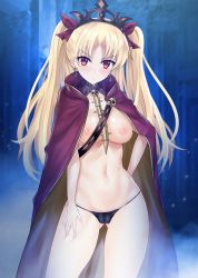Rule 34 | 1girl, bikini, bikini bottom only, black bikini, blonde hair, blush, breasts, cape, closed mouth, contrapposto, cowboy shot, dark background, earrings, ereshkigal (fate), ero waifu, fate/grand order, fate (series), gluteal fold, hand on own hip, highres, jewelry, large breasts, legs apart, long hair, looking at viewer, motion blur, navel, no bra, panties, parted bangs, purple cape, purple ribbon, red eyes, red ribbon, ribbon, shiny skin, skull, solo, spine, standing, stomach, swimsuit, thighs, tiara, tohsaka rin, tsurime, two side up, underwear, v-shaped eyebrows, very long hair