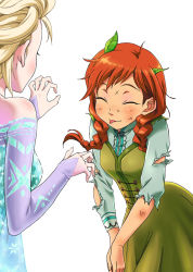 Rule 34 | 2girls, anna (frozen), blonde hair, elsa (frozen), closed eyes, frozen (disney), fujimaru (kinakomucch), leaf, multiple girls, orange hair, own hands together, scratches, shirt, siblings, simple background, sisters, tongue, tongue out, torn clothes, torn shirt, worried