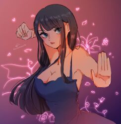 Rule 34 | 1girl, blue dress, blue eyes, blunt bangs, commentary, dress, duckprotector26, english commentary, fighting stance, highres, long hair, looking to the side, nico robin, one piece, purple background, sidelocks, solo, upper body