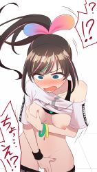 Rule 34 | !?, 1girl, black hair, black pants, blue eyes, blush, bracelet, breasts, choker, clothes lift, clothes pull, covering privates, crop top, embarrassed, highres, humiliation, jewelry, kizuna ai, kizuna ai inc., multicolored hair, nail polish, navel, nipples, off-shoulder shirt, off shoulder, open mouth, organ rn, pants, pants pull, pink nails, ponytail, pussy, shirt, shirt lift, simple background, surprised, sweat, tareme, virtual youtuber, white background, wide-eyed, wristband