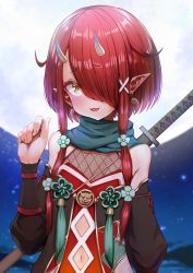 Rule 34 | 1girl, :3, arm guards, bare shoulders, black sleeves, blue scarf, clothing cutout, detached sleeves, earrings, fangs, fishnets, full moon, hair ornament, hair over one eye, highres, hoozuki warabe, horns, japanese clothes, jewelry, kajimakoto, katana, long sleeves, looking at viewer, moon, navel, navel cutout, night, ninja, noripro, oni, oni horns, outdoors, parted lips, pointy ears, puffy long sleeves, puffy sleeves, red hair, scarf, sheath, sheathed, short hair with long locks, sky, smile, solo, swept bangs, sword, virtual youtuber, weapon, x hair ornament, yellow eyes