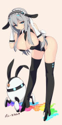 Rule 34 | 1girl, animal ears, arched back, between breasts, black leotard, black necktie, black thighhighs, blue eyes, breasts, character name, closed mouth, dangan neko, detached collar, fake animal ears, gloves, grey background, grey hair, hands up, highres, large breasts, leaning forward, legs apart, leotard, long hair, looking at viewer, machine, maid headdress, mechanical legs, necktie, necktie between breasts, original, playboy bunny, rabbit ears, russia (dangan neko), sidelocks, simple background, smile, solo, symbol-shaped pupils, thighhighs, thighs, white gloves