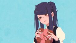 Rule 34 | 1girl, absurdres, black vest, blue background, blush, bow, box, dated, gift, gift box, head tilt, highres, holding, holding box, jill stingray, juliet sleeves, long hair, long sleeves, looking at viewer, open mouth, pink bow, puffy sleeves, purple hair, red eyes, rnna, shirt, sidelocks, signature, simple background, solo, swept bangs, twintails, upper body, va-11 hall-a, vest, white day, white shirt