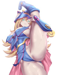 Rule 34 | 1girl, absurdres, ass, ass focus, bare legs, blonde hair, blue footwear, blush, blush stickers, boots, breasts, cameltoe, cleavage, closed mouth, dark magician girl, duel monster, flexible, green eyes, hair between eyes, hat, highres, huge ass, kumiko shiba, large breasts, leg lift, leotard, leotard under clothes, long hair, looking at viewer, magical girl, shiny skin, sideboob, simple background, skindentation, solo, split, standing, standing on one leg, standing split, sweat, thong leotard, very long hair, white background, wide hips, wizard hat, yu-gi-oh!