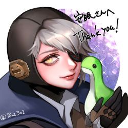 Rule 34 | 1girl, apex legends, black gloves, blue jacket, commission, deep current wattson, eyepatch, gloves, grey hair, holding, holding stuffed toy, jacket, looking at viewer, official alternate costume, one eye covered, shirt, skeb commission, smile, solo, sparkle, stuffed toy, tama (ponz3o1), twitter username, wattson (apex legends), white shirt