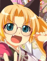 Rule 34 | 1girl, animal ears, atelier-moo, blonde hair, cat ears, close-up, curtained hair, fang, glasses, green eyes, japanese clothes, kimono, long hair, long sleeves, machida madoka, machidake, open mouth, red-framed eyewear, smile, solo, twintails, upper body