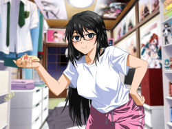 Rule 34 | 1girl, black-framed eyewear, black hair, blue eyes, blurry, blurry background, blush, breasts, clownculture, cosplay, cowboy shot, eating, female focus, figure, food, futon, glasses, hair between eyes, hand on own hip, hand up, highres, holding food, holding pizza, indoors, large breasts, leaning forward, legs, long hair, looking at viewer, nose blush, original, otaku room, pizza, poster, shirt, solo, tatami, thighs, upper body, white shirt