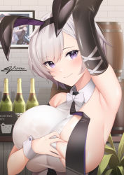 Rule 34 | 1girl, absurdres, animal ears, arm strap, arm up, armpits, azur lane, bar (place), bare shoulders, barrel, black hairband, black leotard, black neckwear, blush, bottle, bow, bowtie, breasts, breasts squeezed together, brick wall, closed mouth, collared shirt, commentary, convenient censoring, crop top, dated, elbow gloves, fake animal ears, gloves, grey hair, hair between eyes, hairband, highres, huge breasts, indoors, leotard, looking at viewer, necktie, nevven, official alternate costume, one breast out, parted hair, photo (object), playboy bunny, purple eyes, rabbit ears, reno (azur lane), reno (reno bunnino) (azur lane), see-through, see-through shirt, shirt, short hair, sideboob, sidelocks, signature, single elbow glove, sleeveless, sleeveless shirt, smile, solo, standing, upper body, white bow, white bowtie, wine bottle, wrist cuffs