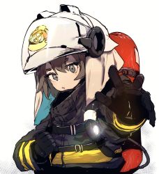 Rule 34 | 1girl, arknights, black coat, black gloves, brown eyes, brown hair, coat, ddari, fire helmet, firefighter, flashlight, gloves, highres, looking at viewer, oxygen tank, parted lips, reaching, reaching towards viewer, shaw (arknights), simple background, solo, upper body, white background