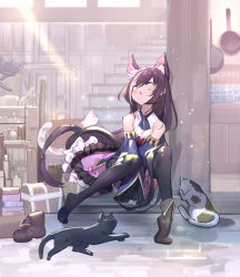 Rule 34 | 1girl, animal ear fluff, animal ears, black hair, boots, cat, cat ears, cat girl, cat tail, closed eyes, detached sleeves, dress, fuyouchu, karyl (princess connect!), long hair, low twintails, pantyhose, princess connect!, sleeveless, sleeveless dress, solo, sunlight, tail, thighhighs, twintails, unworn boot, unworn boots, very long hair