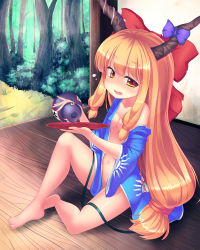 Rule 34 | 1girl, alcohol, barefoot, blue kimono, blush, bow, breasts, brown eyes, brown hair, cup, drunk, eila yagyu, feet, gourd, hair bow, highres, horn bow, horn ornament, horns, ibuki suika, japanese clothes, kimono, long hair, long sleeves, looking at viewer, matching hair/eyes, md5 mismatch, navel, no bra, no panties, off shoulder, open clothes, open kimono, orange eyes, orange hair, resolution mismatch, sakazuki, sake, sitting, small breasts, solo, source smaller, toes, touhou, wide sleeves, yukata