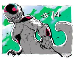 Rule 34 | 1boy, alien, annoyed, clenched hand, cloud, cowboy shot, dirty, dragon ball, dragonball z, dutch angle, frieza, green background, green sky, kokusoji, looking away, male focus, namek, one eye closed, red eyes, simple background, sky, solo, tail, teeth, upper body, white background