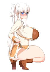 Rule 34 | 1girl, ass, blue eyes, boots, breasts, brown footwear, clothes lift, cosplay, curvy, era (erasion), flat ass, full body, furrowed brow, hair between eyes, huge breasts, lifting own clothes, long hair, long sleeves, looking at viewer, mabinogi, mari gwydion, mari gwydion (cosplay), miniskirt, nao (mabinogi), no pupils, orange skirt, panties, pleated skirt, shirt, sidelocks, simple background, skirt, skirt lift, solo, squatting, thick thighs, thighs, tiptoes, twintails, underwear, very long hair, white background, white hair, white panties, white shirt