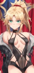 Rule 34 | 1girl, bare shoulders, black jacket, black one-piece swimsuit, blonde hair, braid, breasts, center opening, collarbone, fate/apocrypha, fate (series), french braid, green eyes, highres, jacket, long hair, long sleeves, looking at viewer, mordred (fate), mordred (fate/apocrypha), navel, off shoulder, one-piece swimsuit, open clothes, open jacket, parted bangs, ponytail, sidelocks, small breasts, solo, swimsuit, tonee