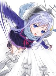 Rule 34 | 10s, 1girl, 2016, ama mitsuki, backpack, bag, blue eyes, blue hair, blush, crescent, crescent hair ornament, dated, hair ornament, kantai collection, kunai, long sleeves, looking at viewer, machinery, matching hair/eyes, open mouth, pleated skirt, scarf, school uniform, serafuku, short hair, short hair with long locks, skirt, solo, weapon, yayoi (kancolle)