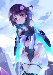 Rule 34 | 1girl, 54hao, bare shoulders, blue sky, blurry, blurry background, blush, brown eyes, brown hair, building, cloud, cloudy sky, commentary request, covering privates, covering crotch, day, depth of field, girl cafe gun, groin, hair ornament, highres, hood, hood down, jumpsuit, looking at viewer, outdoors, parted lips, shi wuyou, short jumpsuit, sky, solo, sweat, thighhighs, torn clothes, torn jumpsuit, white jumpsuit, white thighhighs