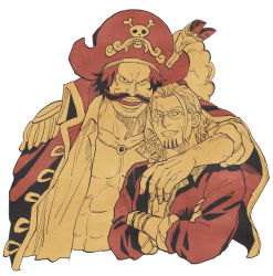Rule 34 | 2boys, arm over shoulder, facial hair, glasses, gol d. roger, hair slicked back, hat, male focus, monochrome, multiple boys, mustache, one piece, pirate costume, pirate hat, rrrhigemegane, scar, scar across eye, scar on face, silvers rayleigh, stubble