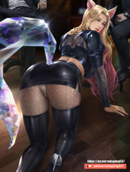 Rule 34 | 1girl, 2boys, ahri (league of legends), animal ears, ass, blonde hair, blue eyes, boots, breasts, crop top, eyeshadow, fishnets, fox ears, fox tail, goatwillow, high heel boots, high heels, highres, juliet sleeves, k/da (league of legends), league of legends, lipstick, long hair, long sleeves, looking back, makeup, midriff, miniskirt, multicolored hair, multiple boys, nail polish, panties, pantyhose, pink hair, puffy sleeves, shiny clothes, skirt, tail, thick thighs, thigh boots, thighhighs, thighs, two-tone hair, underwear, watch, white panties