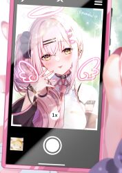 Rule 34 | 1girl, alternate hairstyle, bare shoulders, black sleeves, blue archive, blush, cake, cellphone, closed mouth, collared shirt, detached sleeves, fingernails, food, halo, highres, holding, holding phone, long hair, meme, mika (blue archive), phone, pink hair, pink halo, sakurai momoka no musuko, shirt, side ponytail, sidetail miku noodle stopper (meme), smartphone, solo, swiss roll, tongue, tongue out, twitter username, white shirt, yellow eyes