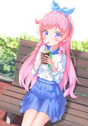 Rule 34 | 1girl, absurdres, bench, blue skirt, blush, bush, collared shirt, commentary request, drink, drinking straw, drinking straw in mouth, foliage, green ribbon, hair down, headband, highres, holding, holding drink, kiratto pri chan, long hair, long sleeves, momoyama mirai, neck ribbon, orange0150, outdoors, pink hair, pretty series, purple eyes, ribbon, shirt, shirt tucked in, sidelocks, sitting, skirt, solo, white background, white shirt