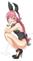 Rule 34 | 1boy, :d, animal ears, ankle strap, armpits, astolfo (fate), bare arms, bare legs, bare shoulders, black bow, black footwear, black leotard, blush, bow, braid, commentary, cuff links, detached collar, eudetenis, fake animal ears, fangs, fate/apocrypha, fate (series), flat chest, from side, full body, hair between eyes, hair bow, hair intakes, hands up, head rest, high heels, highres, leotard, long hair, looking at viewer, looking to the side, male focus, male playboy bunny, multicolored hair, open mouth, pink hair, playboy bunny, purple eyes, rabbit ears, rabbit tail, raised eyebrows, signature, simple background, single braid, smile, solo, squatting, stiletto heels, strapless, strapless leotard, strappy heels, streaked hair, studs, tail, trap, tsurime, two-tone hair, white background, white hair, wing collar, wrist cuffs
