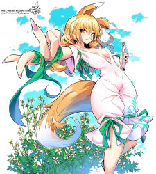 Rule 34 | 1girl, animal ears, breasts, brown eyes, brown hair, cleavage, feet out of frame, fingernails, flower, fox ears, fox tail, highres, holding, holding test tube, kudamaki tsukasa, long fingernails, looking at viewer, medium breasts, medium hair, nail polish, navel, open mouth, pink nails, romper, short sleeves, signature, solo, standing, tail, test tube, touhou, umigarasu (kitsune1963), v-shaped eyebrows, wide hips