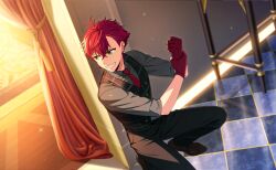 Rule 34 | 1boy, black pants, buttons, collared shirt, curtains, earrings, gloves, green eyes, happy elements, helios rising heroes, highres, holding own wrist, indoors, jewelry, male focus, necktie, official art, otori akira, pants, plaid, plaid vest, red gloves, red hair, red necktie, shirt, short hair, solo, squatting, teeth, third-party source, vest