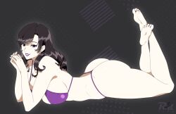 Rule 34 | 1girl, ass, barefoot, bikini, black hair, feet, highres, lipstick, long hair, looking at viewer, lying, makeup, on stomach, parted lips, purple eyes, purple lips, r3dfive, soles, swimsuit, toes