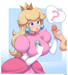 Rule 34 | 1boy, 1girl, ?, absurdres, artist name, blue background, blue eyes, brooch, clenched hand, crown, dress, earrings, elbow gloves, erection, eyelashes, gloves, gradient background, hand on own chest, handjob, hands up, highres, jewelry, large penis, lips, long hair, mario (series), nintendo, parted lips, penis, penis grab, pink dress, pink lips, platinum blonde hair, princess, princess peach, puffy short sleeves, puffy sleeves, short sleeves, simmsy, solo focus, speech bubble, spoken question mark, super mario bros. 1, taut clothes, taut dress, testicles, thick lips, white background, white gloves
