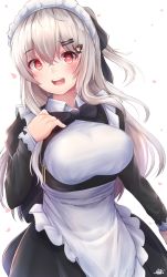 Rule 34 | 1girl, :d, absurdres, alternate costume, apron, blush, breasts, cowboy shot, enmaided, girls&#039; frontline, hair between eyes, hair ornament, hair ribbon, hairclip, hand on own chest, highres, hiromaster sinta jh, iws 2000 (girls&#039; frontline), large breasts, long hair, looking at viewer, maid, maid apron, maid headdress, open mouth, red eyes, ribbon, sidelocks, signature, silver hair, simple background, smile, solo, white background