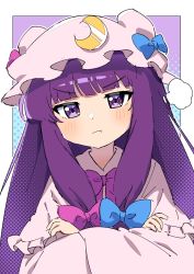 Rule 34 | 1girl, :t, blue bow, blunt bangs, blush, bow, bowtie, capelet, commentary request, crescent, crescent hat ornament, hair bow, hat, hat bow, hat ornament, highres, long hair, looking at viewer, miz (mizillustration), mob cap, patchouli knowledge, pink bow, pink bowtie, pout, purple eyes, purple hair, robe, solo, touhou, upper body