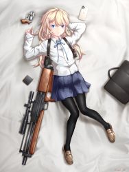 Rule 34 | 1girl, absurdres, ammunition, apple inc., bag, blonde hair, blue eyes, bullpup, cellphone, ceramic plate, chiappa firearms, chiappa rhino, chiappa rhino 20ds, colored eyelashes, gun, handgun, highres, iphone, loafers, long hair, low bore axis revolver, lying, on back, on bed, original, pantyhose, phone, pleated skirt, pocket pistol, revolver, rifle, shoes, skirt, smartphone, sniper rifle, snubnose, solo, very long hair, walther, walther wa 2000, weapon