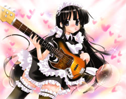 Rule 34 | 00s, 1girl, akiyama mio, alternate costume, bad id, bad pixiv id, bass guitar, black eyes, black hair, blue eyes, cherry blossoms, enmaided, frilled thighhighs, frills, guitar, heart, highres, instrument, k-on!, lens flare, lingerie, long hair, maid, maid headdress, mouth hold, nyanmilla, petals, petticoat, solo, sparkle, tears, thighhighs, underwear, very long hair, zettai ryouiki